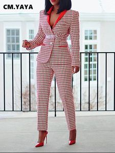 CMYAYA Elegante Houndstooth Blazer Pak en Broek Twee 2 Delige Set voor Vrouwen Herfst Winter Klassieke OL Straat Outfit Trainingspak 240327