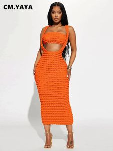 Cmyaya Fashion Women Stretch Seersucker romper bodycon midi maxi jurk met strapless bijpassende 2 -delige set outfits 2023 zomer 240323