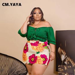 CMYAYA Plus Size Vrouwen Bloemen Luipaard Gestreepte Midi Rok Pak voor Zomer Straat Mini Blouse Top Chic Bijpassende Set outfits 240115