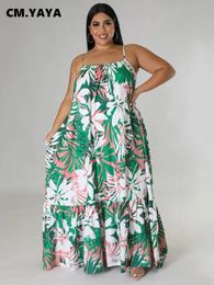 CMYAYA mujeres más tamaño otoño correa de espagueti volantes dobladillo suelto maxi largo floral estampado de hojas vestidos moda fiesta vestido delgado 240124