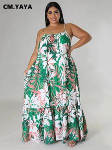 CMYAYA Femmes Plus taille Spaghetti Spaghetti Rouglements Hem Loose Maxi Long Floral Leaf Print Robes Fashion Food Spony Slim Robe 240422