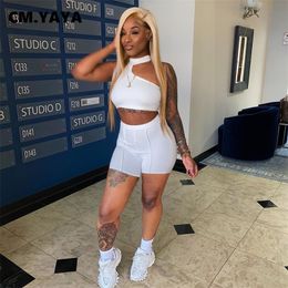 CMYAYA -vrouwen hebben solide mouwloze crop top schede elastische high taille shorts 2 -delige sets mode tracksuit zomer casual outfit 220606 ingesteld