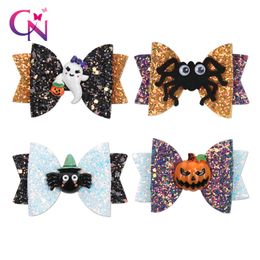 CN 8 stks / partijen Mini Glitter Halloween Haarbogen met Clips Voor Meisjes Kinderen Pompoen Haar Clips Haarspunten Kinderen Haaraccessoires LJ201226