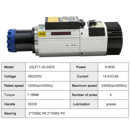 CNC ATC Spindle Motor 9.0KW ISO30 Automatique Changement d'outil Spindle Fonde refroidie à l'air 220V 380V 24000 tr / min