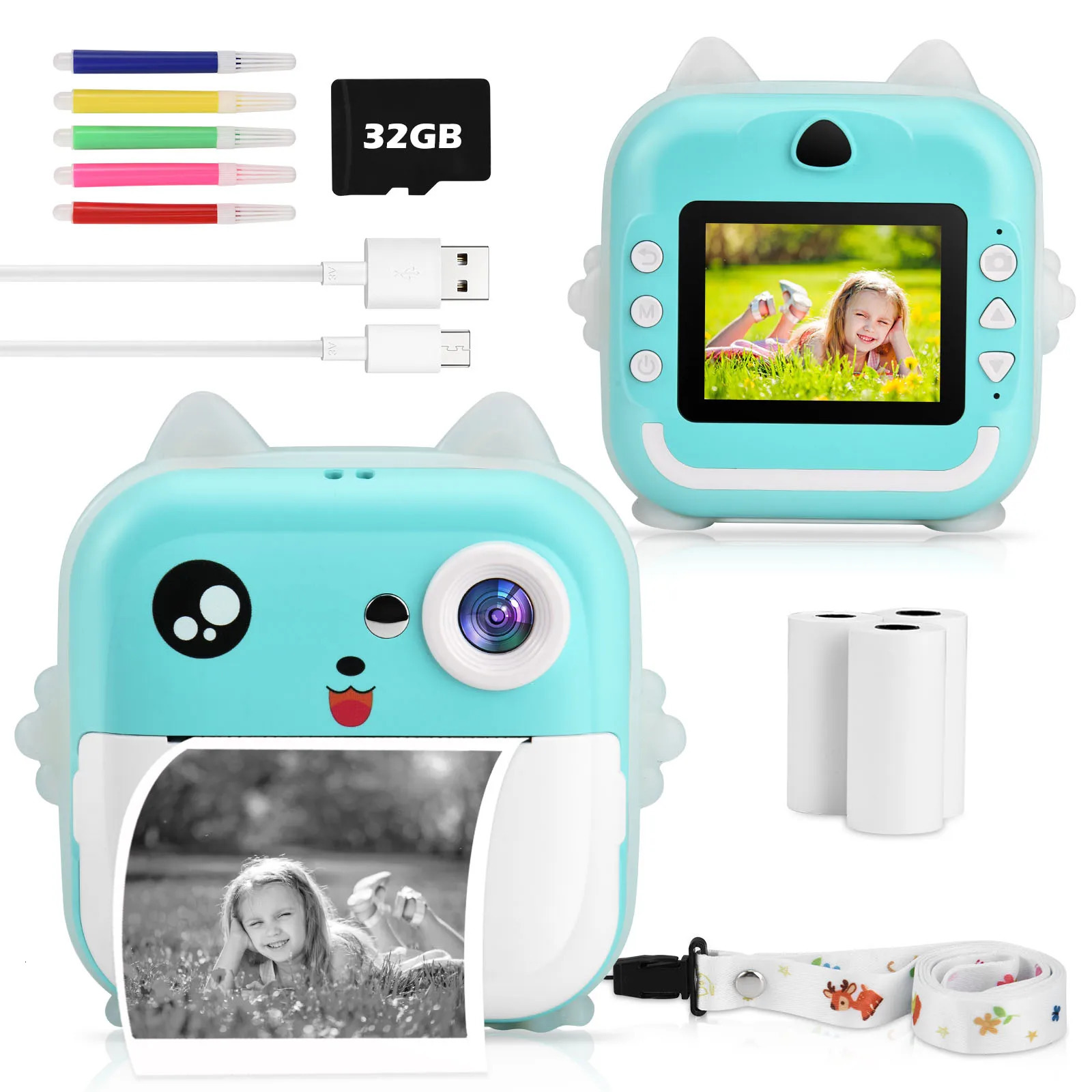 CNCBSR Childrens Instant Print Camera 1080p HD Selfie Video 32GB Barnkamera i 3-14 år barn Toy Girls Berg