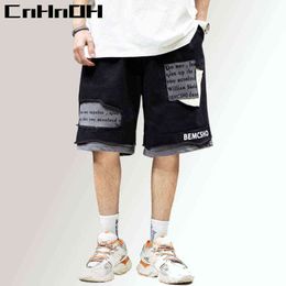 Cnhnoh Tee personnalité Patch lâche faux shorts en deux pièces mâles pantalon de trous hip-hop noir noir