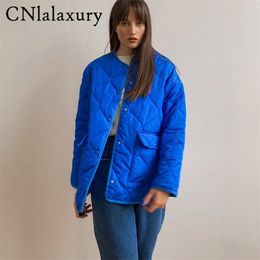 Cnlalaxury Spring Blue Women Parka Fashion Warm Cotton Lange Mouw Jacket Jas Zipper Oneck Vrouw Casual Outwear Chic Tops 220812