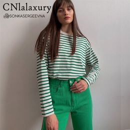 CNlalaxury Femmes Noir Et Blanc Rayures O Cou Casual Tops À Manches Longues Lâche Pull Za T-shirt Srping Mode Chemise 220408