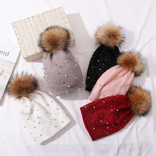 CNTANG, gorros con perlas decorativas para mujer, gorros tejidos de lana cálidos para invierno, gorro con pompón de piel de mapache Natural, gorro informal a la moda para mujer 211229