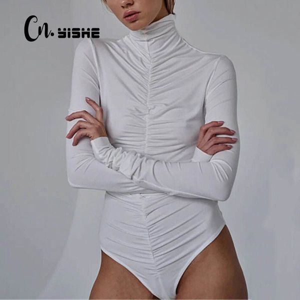 Cnyishe Overgs Overgs High Cuello de manga larga Body Frunched MUJER MUMPSUITS Elegante blanco Black Office Lady Rampers Jumpsuit 210419