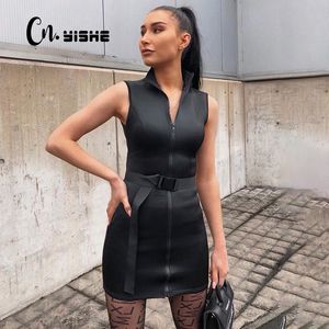 CNYISHE Robe noire Mode Boucle Ceinture Taille haute Robe portefeuille Femmes Moulante Sans manches Fermetures à glissière Femmes Robes Robes de soirée 210419