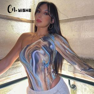 CNYISHE Casual Skinny One Épaule À Manches Longues Bodys Combinaisons Femmes Barboteuses Mode Sexy Tie Dye One Piece Femme Salopette 210419