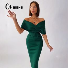 CNYISHE Elegant Party Vneck van de schouderjurk voor vrouwen jurken mode hoge taille sexy strakke groene jurk vrouwelijke verjaardag 220601