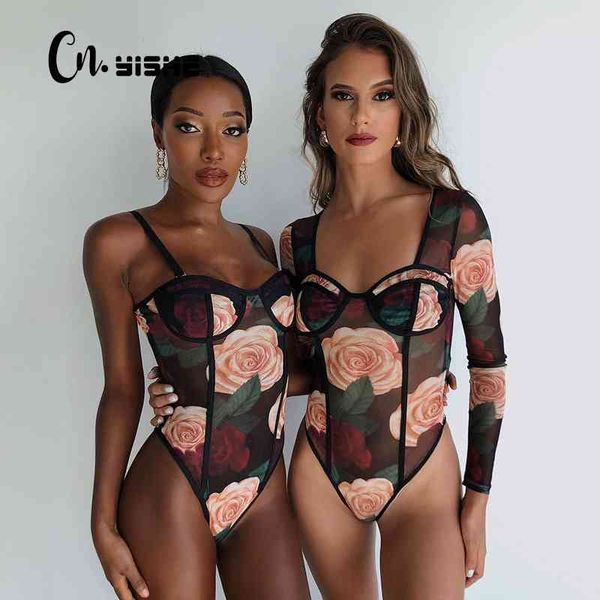 CNYISHE Mode Floral Mesh Sheer Body à manches longues Femmes Rompers Party Sexy Slim Teddy One Piece Combinaison Femme Salopette 210401
