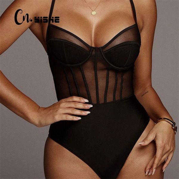 CNYISHE mode barboteuse néon Orange Sexy maille body vêtements d'été pour femmes décontracté Streetwear moulante combinaisons femme 220226