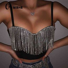 CNYISHE Mode Sexy Clubwear Diamant Tassel Crop Tops Sans Manches T-shirts Sexy Slim Lady Bralette Tops Strap Skinny Femme Tee 210401