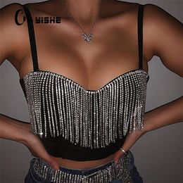 Cnysishe mode sexy clubwear diamant kwastje crop tops mouwloze t-shirts sexy slanke dame bralette tops riem skinny vrouwelijke tee 220408