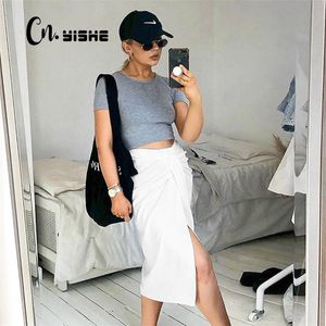 CNYISHE Midi taille haute a-ligne jupes femmes été mode Sexy fendu femmes jupes régulier Streetwear bureau dame bas 210419