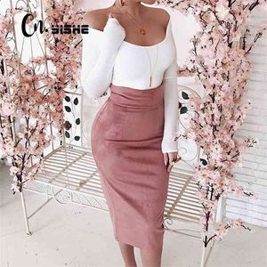 Cnyishe midi hoge taille suède potlood rok herfst mode bodycon sexy slanke vrouwen rok reguliere kantoor dame bodems 210721