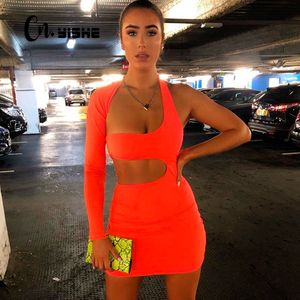 CNYISHE Neon Orange Sexy évider robe de soirée été une épaule licou à manches longues robe courte femmes robes moulantes Vestido 210419