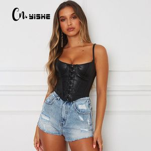 CNYISHE Sexy PU Cuir Crop Top Femmes Bustiers Corsets Tops Sans Bretelles Hors Épaule Réservoirs Gilet Sans Manches Femme Streetwear Tops 210419