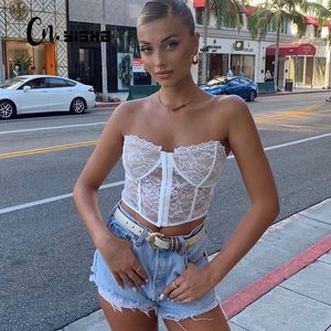 CNYISHE Sexy Strapless Breasted Kant Corset Crop Tops voor Vrouwen Vest Mouwloze Club Party Sheer Cupped Tanks Dames Tube Top 210419