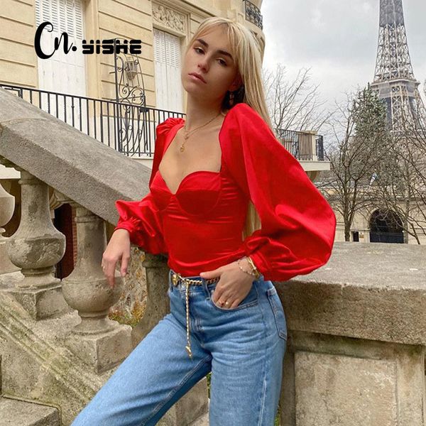 CNYISHE Sexy Vintage Col Carré Rouge Crop Tops Femmes Skinny Puff Manches T-shirts Tees Femme Blusas Casual Chemises Noires Tops 210419