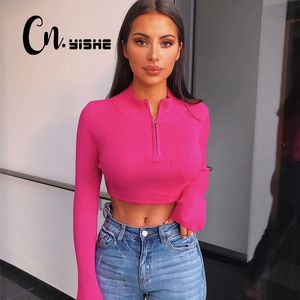 CNYISHE Printemps Casual Neon Crop Tops T-shirt Femmes Solide Sexy Fitness Zipper Tees O-cou À Manches Longues T-shirts Blusas Femme 210419