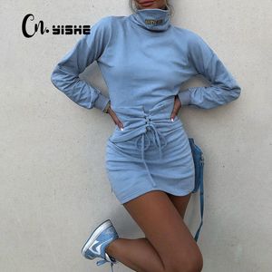 CNYISHE Winter Bandage Lace Up Casual Robes pures pour femmes Mode Col haut à manches longues Femme Robe Lounge Lady Robe Robe 210419