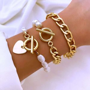 Bracelet personnalisé en alliage grossier, perle de cœur créatif, chaîne multicouche, ensemble de bracelet OT, 3 pièces