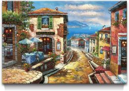 Coastal CityScape Oil Painting Artwork: Italiaanse stad Canvas Wall Art Mediterranean Style Street Painting for Living Room
