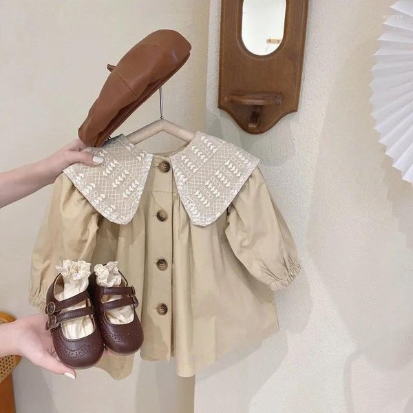 Abrigo 2024 Otoño Niñas Trench Invierno Moda Niños Corea Estilo Chica Grande Polo Collar Color Sólido Cortavientos