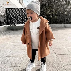 Abrigo Baby Boy Girl Woolen Chaqueta Long Doble Breaded Cálido tibio Tweed Tweed Coat Outumn Winter Baby Outwears 231215