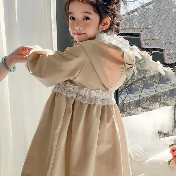 Manteau en dentelle avec nœud pour bébé fille, veste coupe-vent de princesse, printemps-automne, à capuche, anti-poussière, vêtements d'extérieur pour enfants de 1 à 10 ans