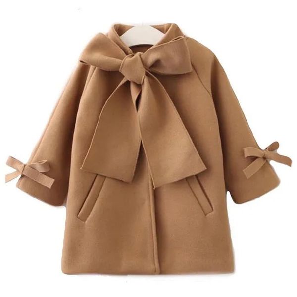 Manteau marque mode infantile enfant bébé fille laine pardessus hiver laine arc à manches longues marron mince vêtements d'extérieur chauds veste 28T 231010