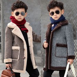 Jas kinderen casual wollen herfst winter jongens knappe pluche fluwelen zware bovenkleding kleding kinderen splicing pocket trench 230311