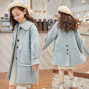 Abrigo niños niña mezcla de lana chaqueta para primavera otoño moda cuello vuelto de un solo pecho bolsillos grandes sólido s 221130