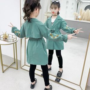 Coat Children Teenage Green Pink Trench Coats Girls Spring Herfst Winter Windscheper lange mouwen Borduurwerk Jackets Kids Outerwear