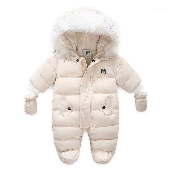 Manteau enfants hiver combinaison capuche en fourrure bébé fille garçon combinaison de neige russe vêtements d'extérieur pour nourrissons Ovealls barboteuses épaisses avec des gants congelés