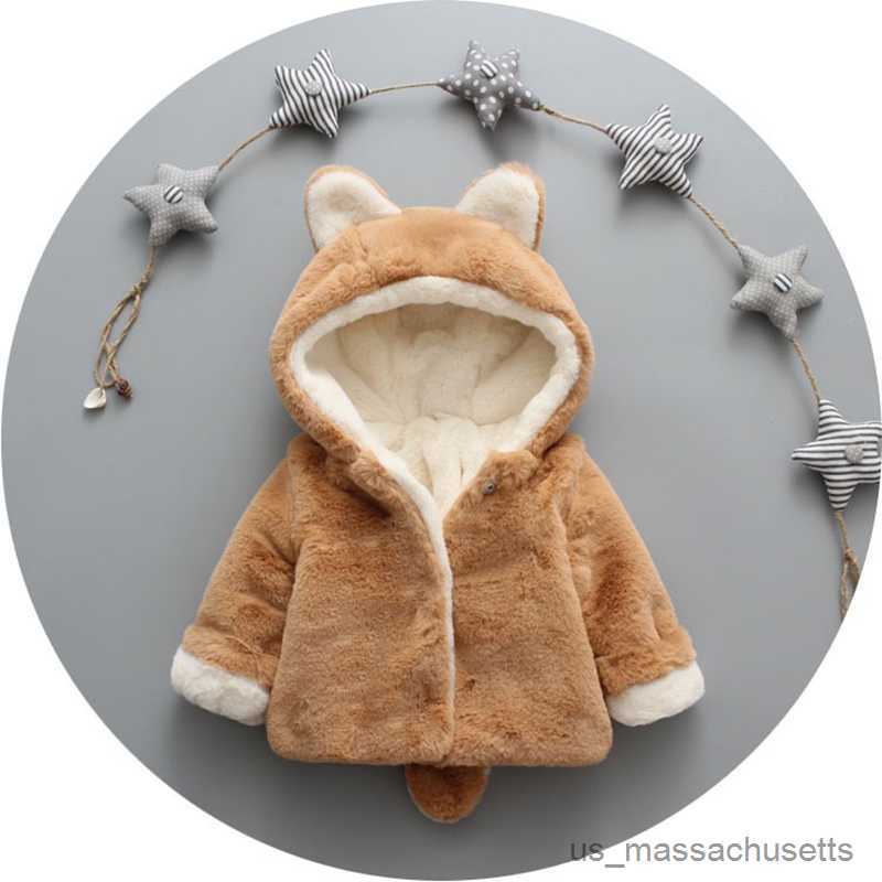 Пальто с милыми кошачьими ушками, плюшевая детская куртка, пальто для девочек, осенне-зимнее теплое пальто с капюшоном, детская верхняя одежда, одежда для маленьких девочек R230912
