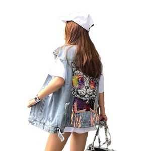 Jas Designer Dames Dames Vesten Jaket Rompi Denim Kembali Kucing Musim Semi Panas Gaya Korea Kardigan Wanita Longgar Lubang Pita Fashion Jeans Mantel Gilet