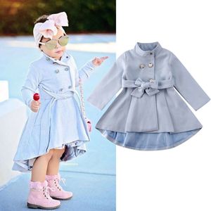 Jas elegante kinderen babymeisje wol winter winter lange mouw dubbele borsten overjas Engeland stijl warme drawstring taille jurk 1 5y 221122