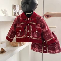 Manteau costume fille hiver vin rouge Plaid petit parfum Tweed tempérament manches longues jupe en coton 231107