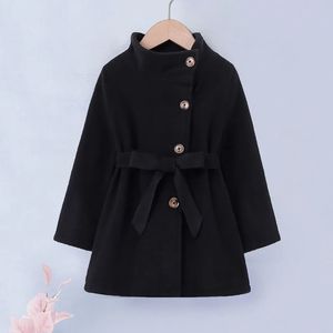 Manteau filles vestes printemps automne hiver vêtements simple boutonnage enfants plus velours épais laine pure noir ceinturé pardessus 220927