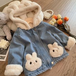 Manteau Veste épaisse en peluche pour fille Veste en jean pour enfant Veste en jean chaude Bébé mignon oreille de lapin Veste en laine à capuche Vêtements d'hiver pour enfants 231117