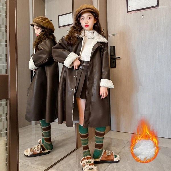 Manteau filles Trench manteaux mode cuir coupe-vent vêtements d'extérieur hiver polaire épais chaud longue PU veste pour enfants décontracté enfants vêtements