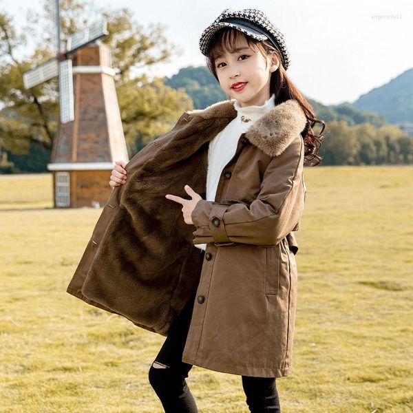 Manteau filles Trench Plus velours chaud mode Parkas solide tour col simple boutonnage longues vestes pour printemps automne 2023