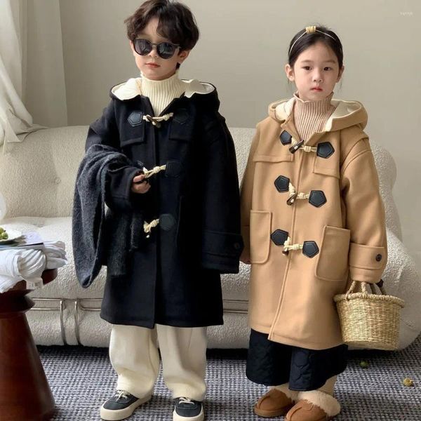 Manteau coréen d'hiver 2023 pour bébé garçon, laine, coton, velours, chaud, à capuche, vêtements d'extérieur, ample, solide, boutons en corne, veste pour enfant