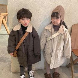 Manteau coréen mi-long en peluche et coupe-vent épais pour enfants, veste chaude en coton pour garçons et filles