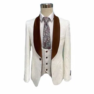 Jas Broek Nieuwste Ontwerp Bruiloft Heren Pak Wit Jacquard Slim Fit Party Gentleman Blazer 3 Stuks Outfits Jas + broek + Vest v43i #